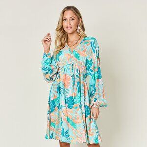 Double Take Full Size Printed V-Neck Drawstring Dress